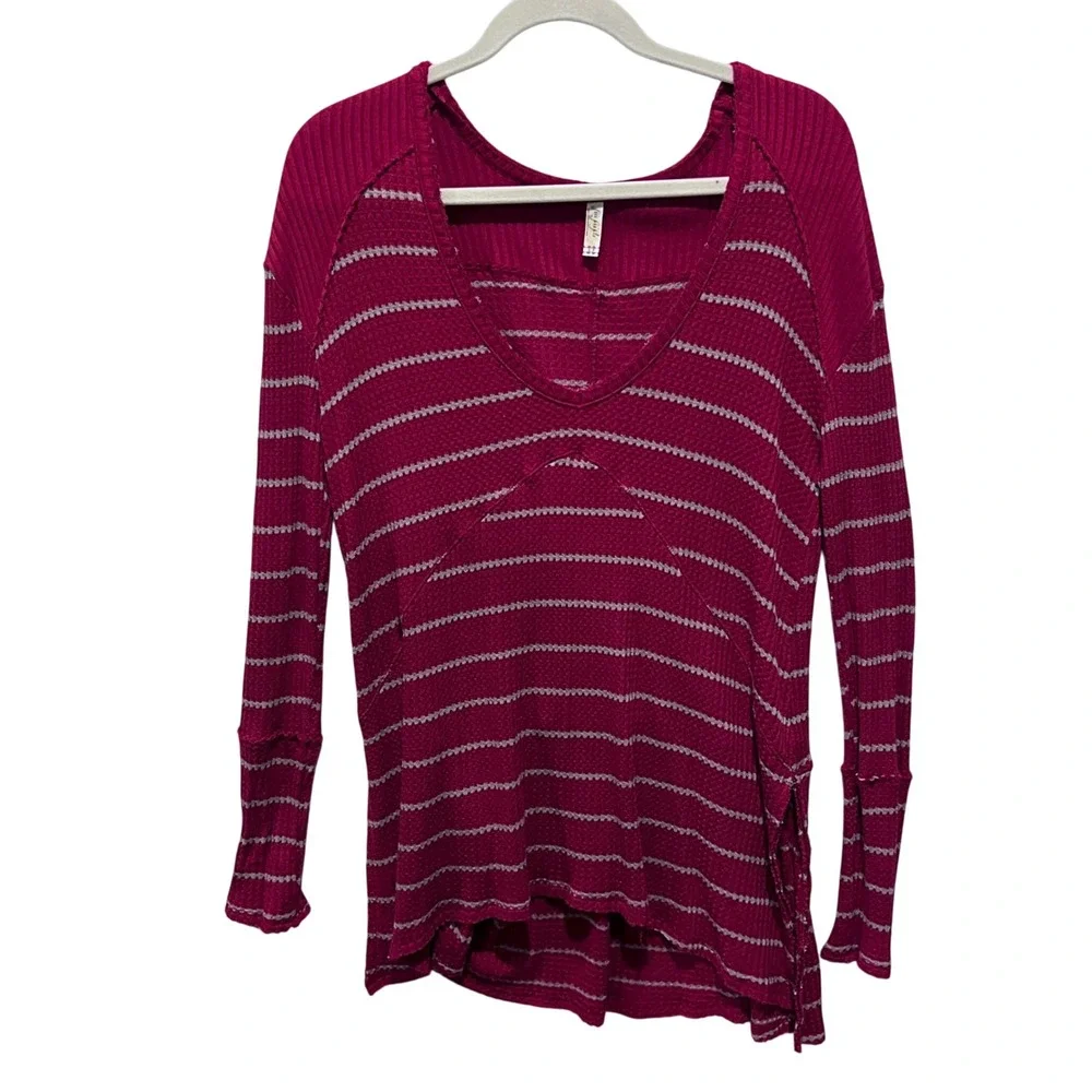 Free People Crimson‎ Striped Thermal Long Sleeve V Neck Casual Top Size Small